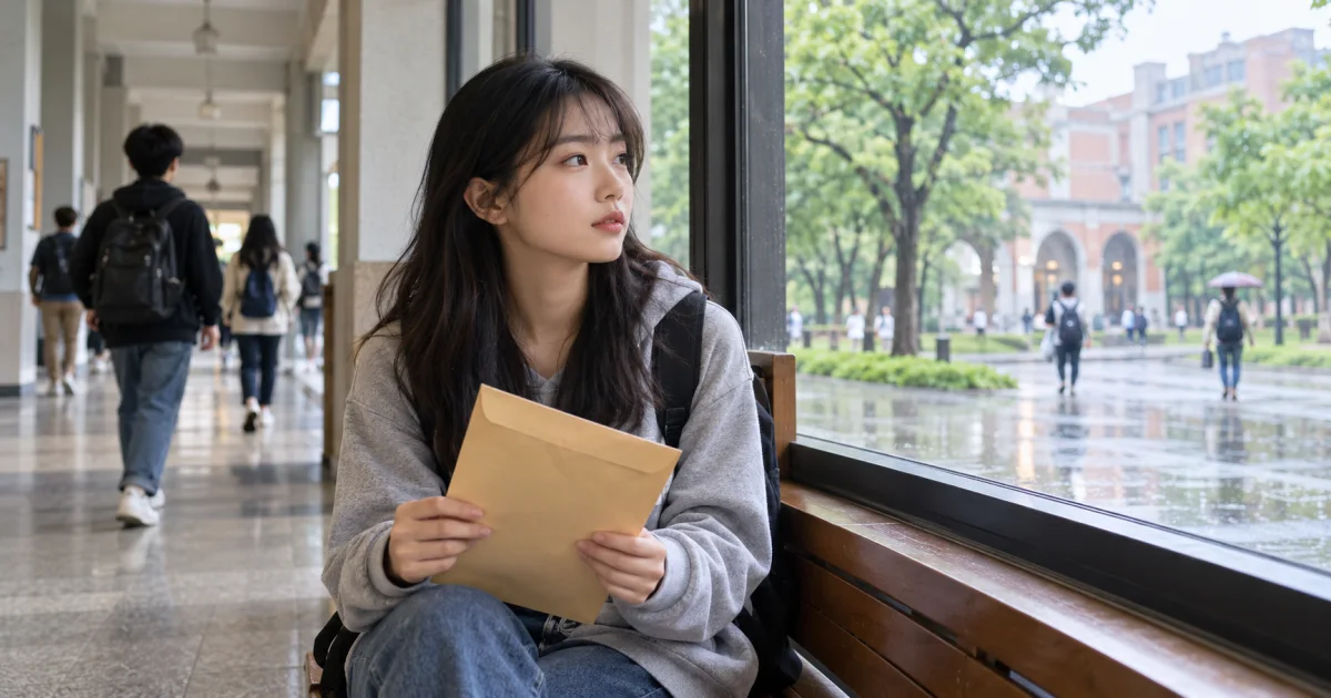 女大學生在校園廊道整理當學期繳費通知