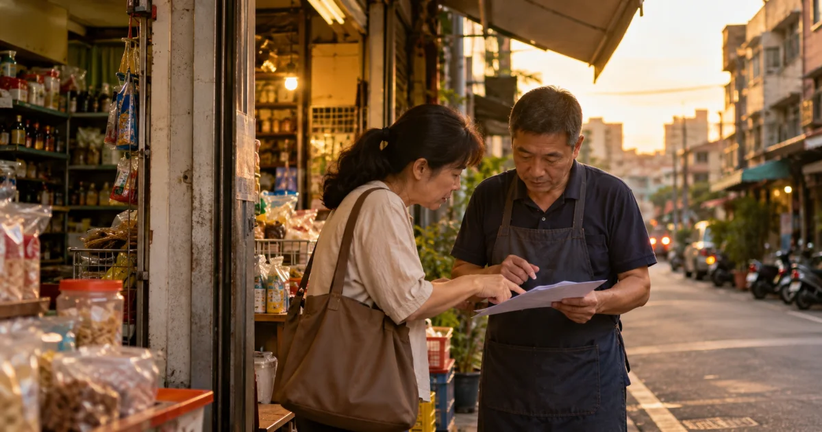 中年女店主尋找正式查核窗口的生活情境