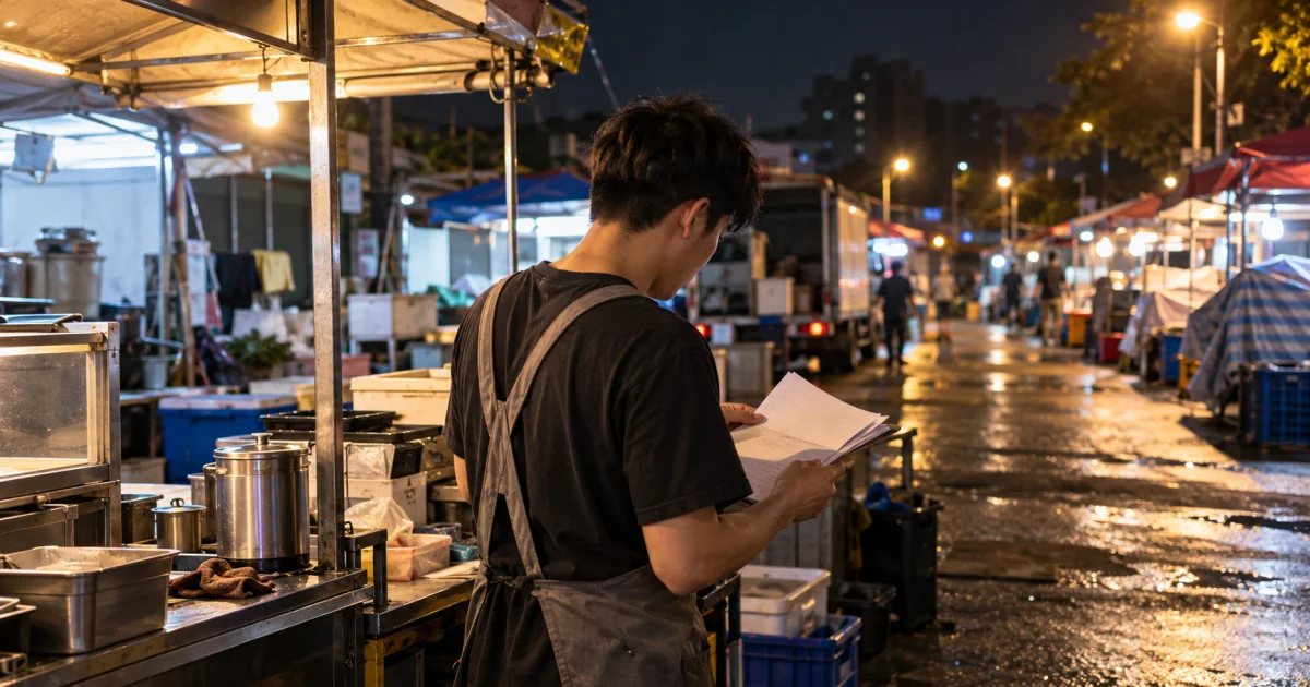 年輕男性餐車經營者在收攤後的台灣夜市核對借款利息滾入本金複利相關資料