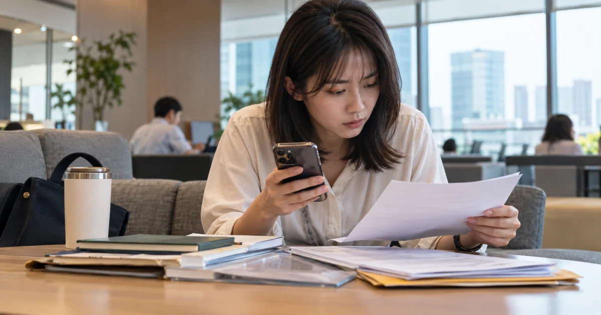 普通台灣辦公大樓休息區的日常文件與物件核對情境