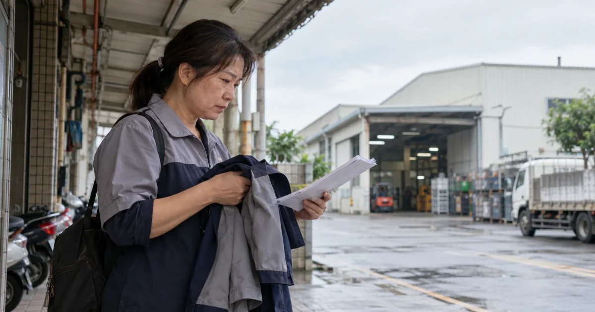 彰化中年女性工廠作業員在彰化廠區外普通騎樓核對彰化離職扣薪勞資調解相關資料