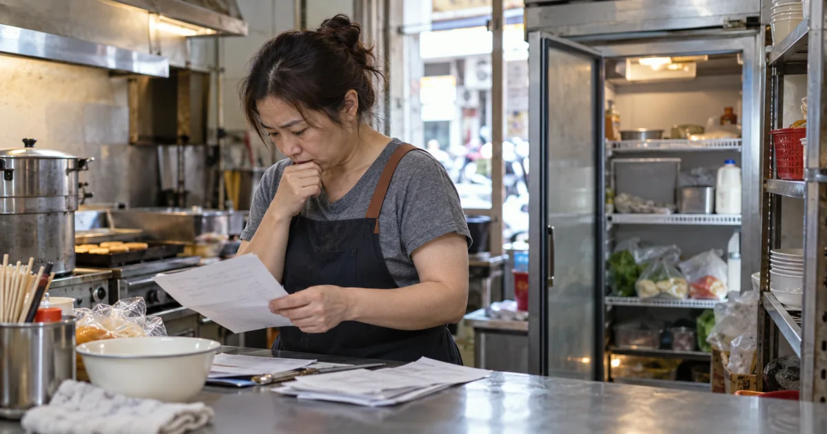 傳統早餐店後場的日常文件與物件核對情境