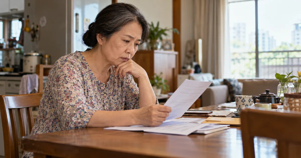 年長女性家庭照顧者在台灣住宅餐桌核對民間借款約定利率上限相關資料