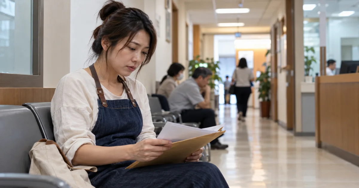 女性小商家在台灣社區法律諮詢等候區核對借款糾紛調解小額訴訟相關資料
