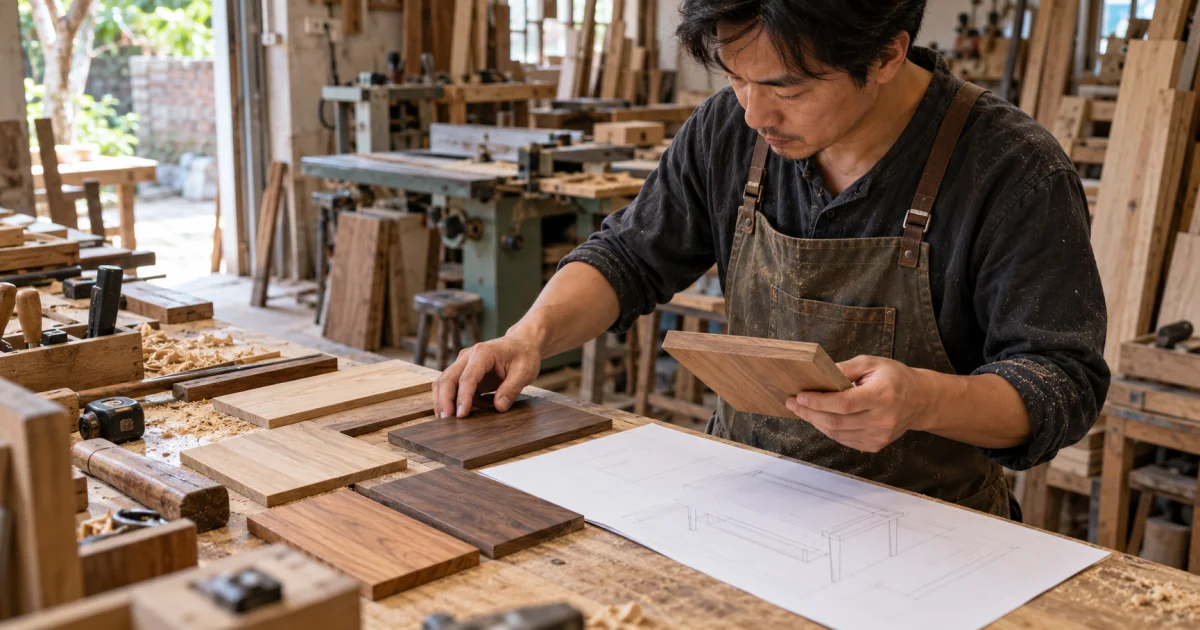 11篇內文圖呈現臺南木作工坊，師傅比對木板色卡與無字設計圖，俯側特寫