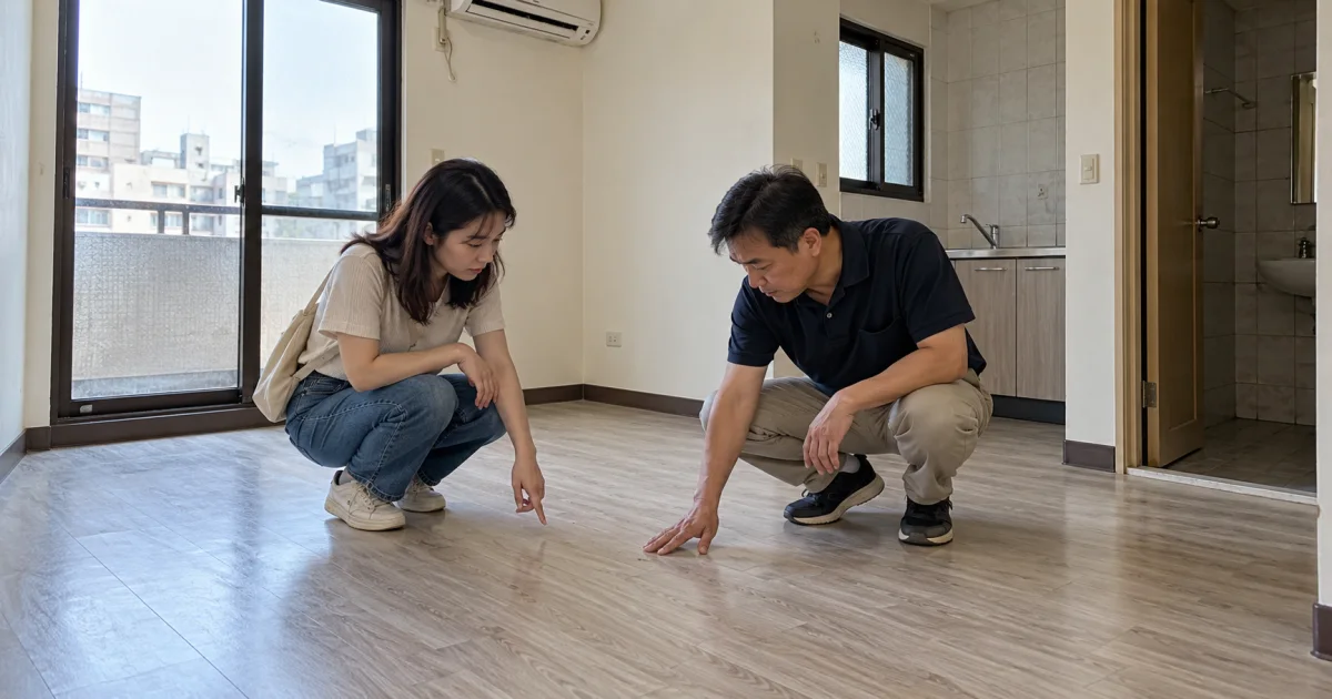 12篇首圖呈現嘉義市空套房，租客與房東共同查看地板屋況，廣角