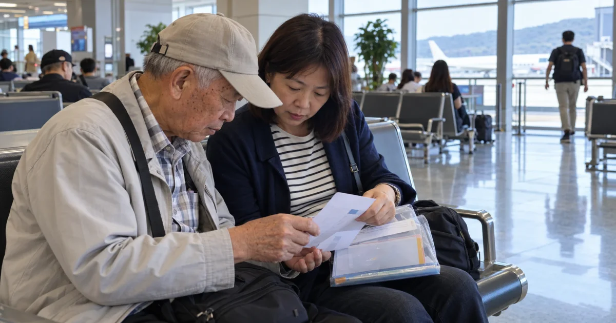 14篇內文圖呈現金門機場候機區,長者與陪同家屬核對票證,遠距