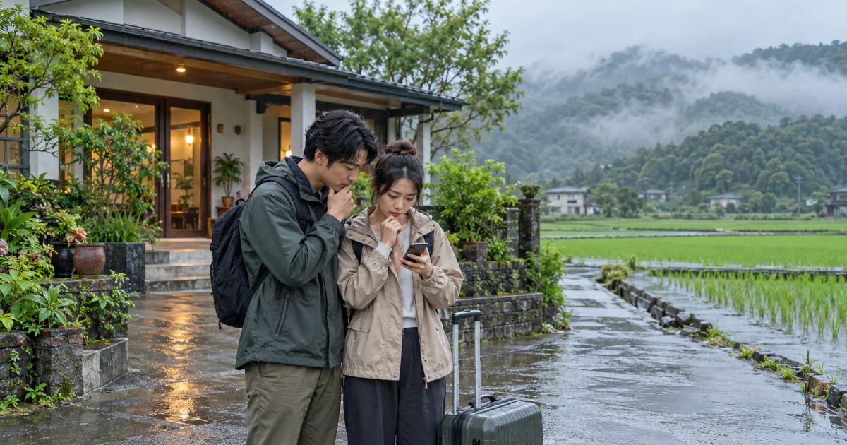旅客在宜蘭民宿外確認取消訂房條件