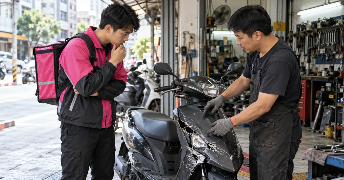 新竹機車事故後騎士與車行查看修車項目