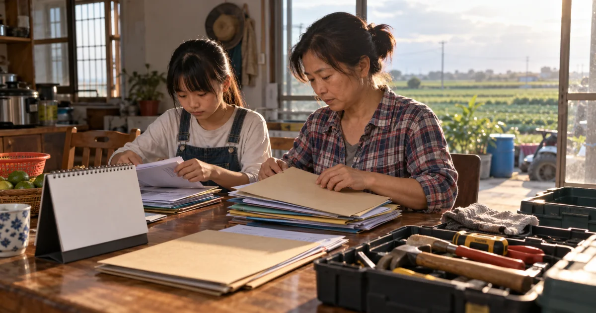 家人核對災後修繕支出與原有還款日