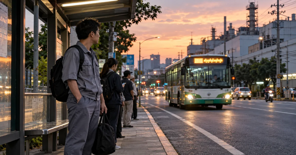桃園市情境:桃園工業區下班員工等公車