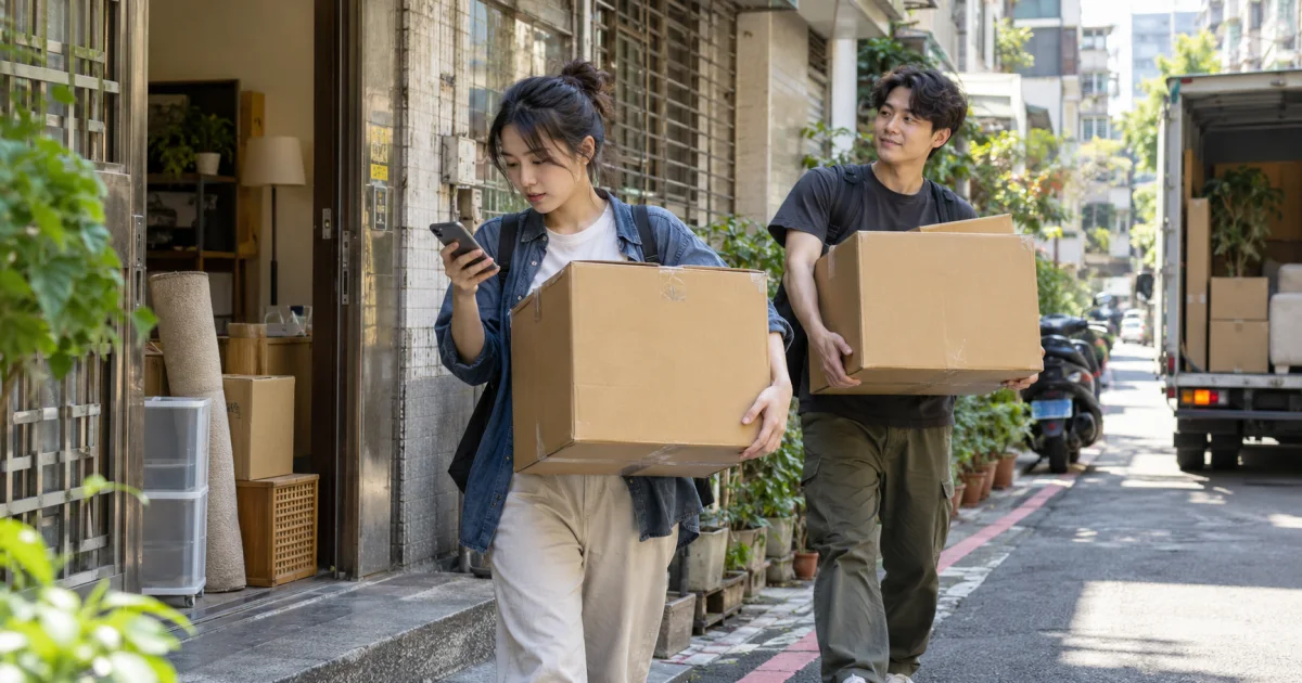 臺北市情境：室友搬運紙箱離開巷弄