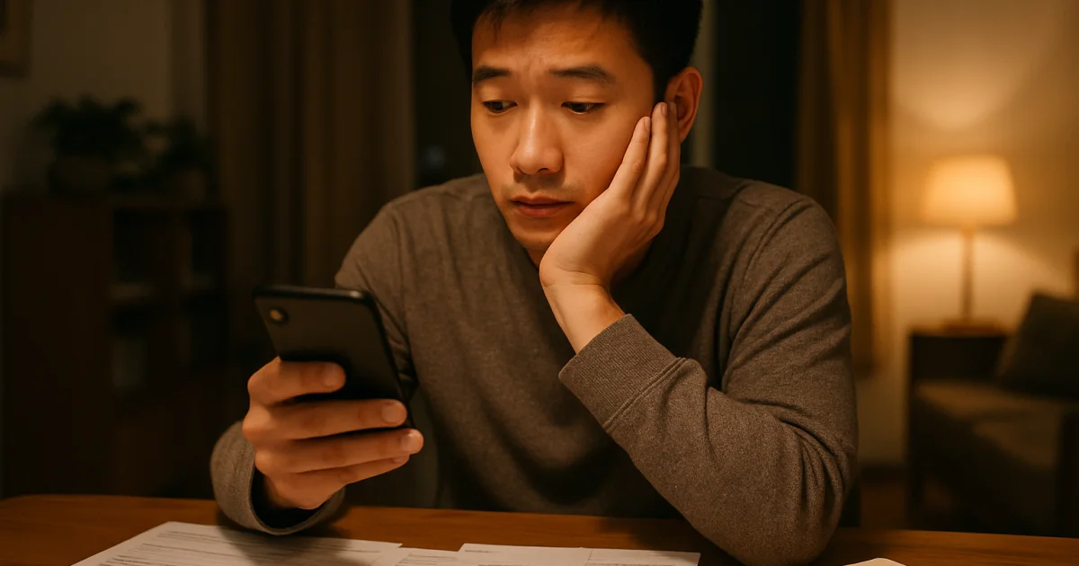 夜間在家查看手機與生活帳單、評估臨時資金需求的人
