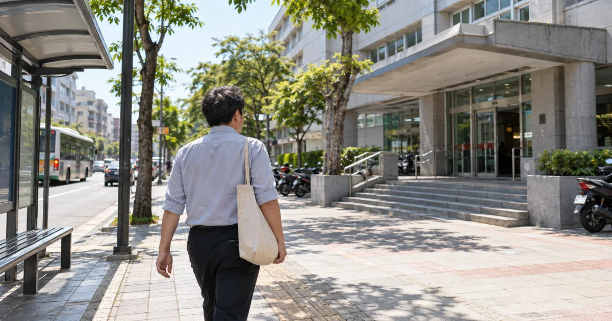 男子帶著資料袋步行前往服務窗口