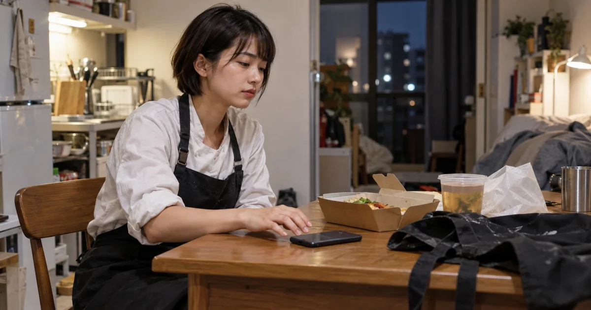 女子停止手機操作並把手機放回桌面
