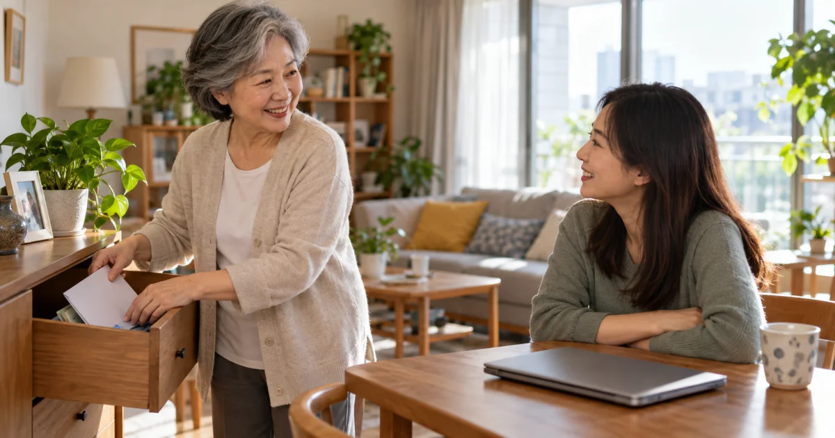 母女在家確認日常繳費安排