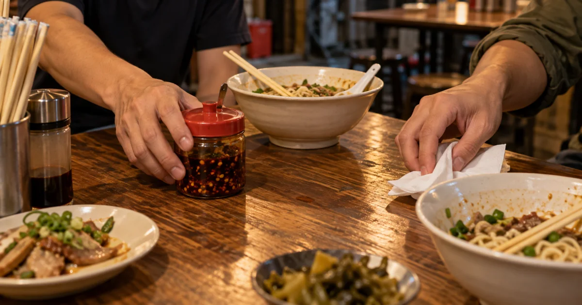 餐桌上的辣椒罐與兩碗麵