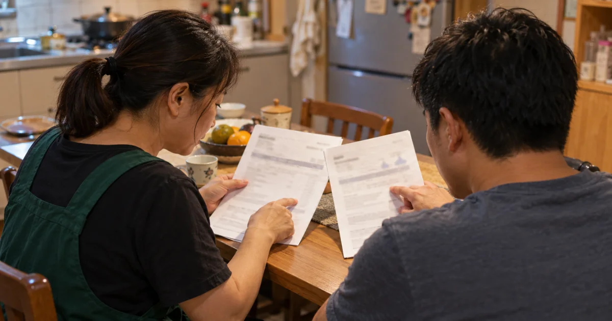 家人在餐桌前分別核對完整文件