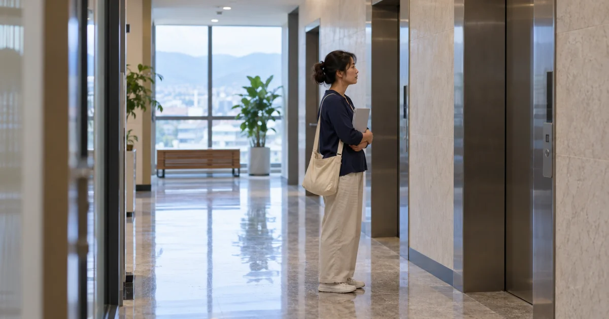 女子攜資料在辦公大樓等候電梯