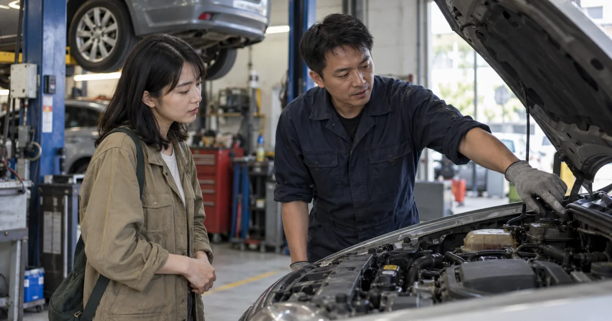 車主在安全區外聽技師說明故障