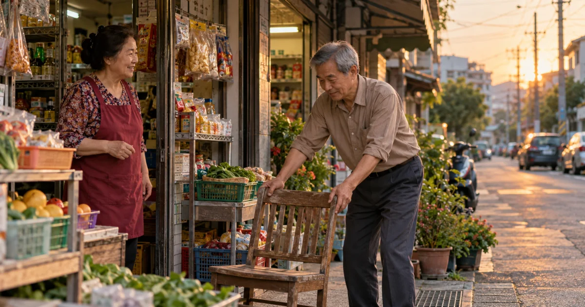 熟識居民與店家在街邊交談